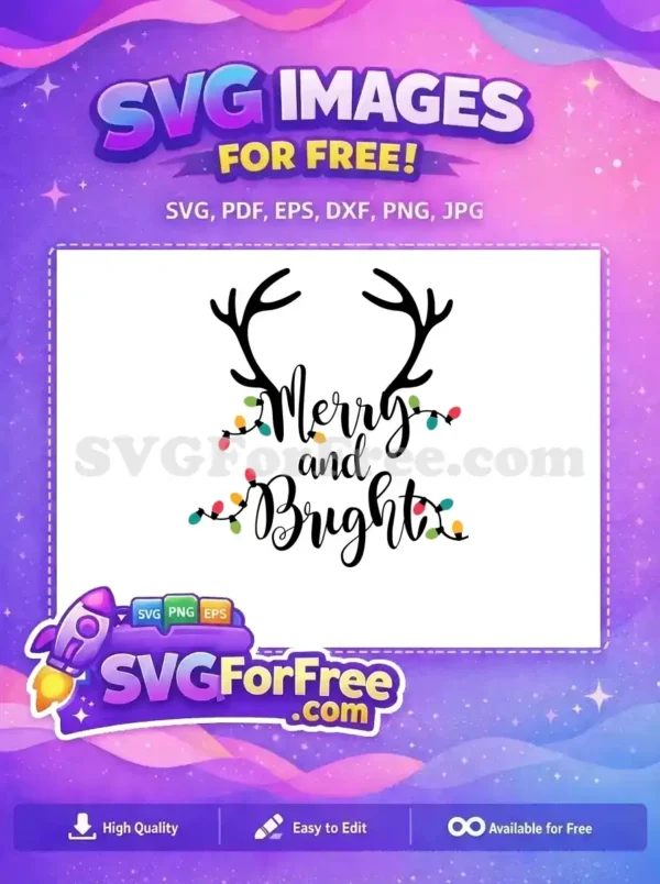 A cheerful Christmas design featuring reindeer antlers with colorful lights and the phrase 'Merry and Bright' in a festive font.
