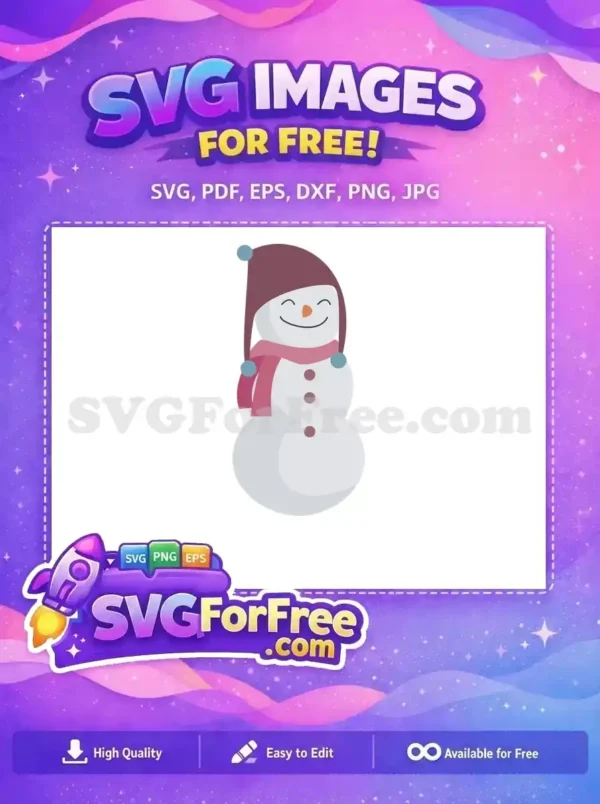 A smiling snowman wearing a maroon hat and scarf, with snowman buttons and a carrot nose, ideal for festive designs.