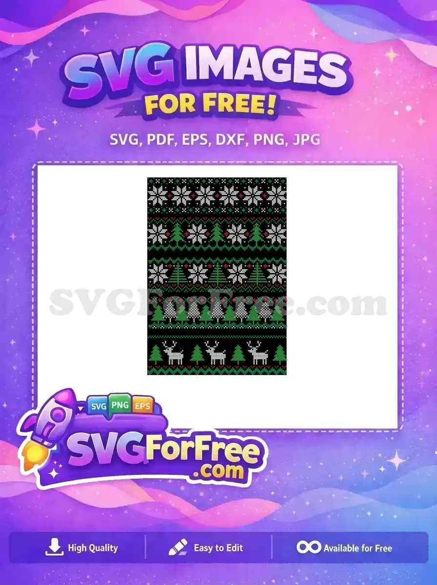 Free SVG of a Christmas knitted pattern featuring white snowflakes, green trees, and reindeer on a black background.