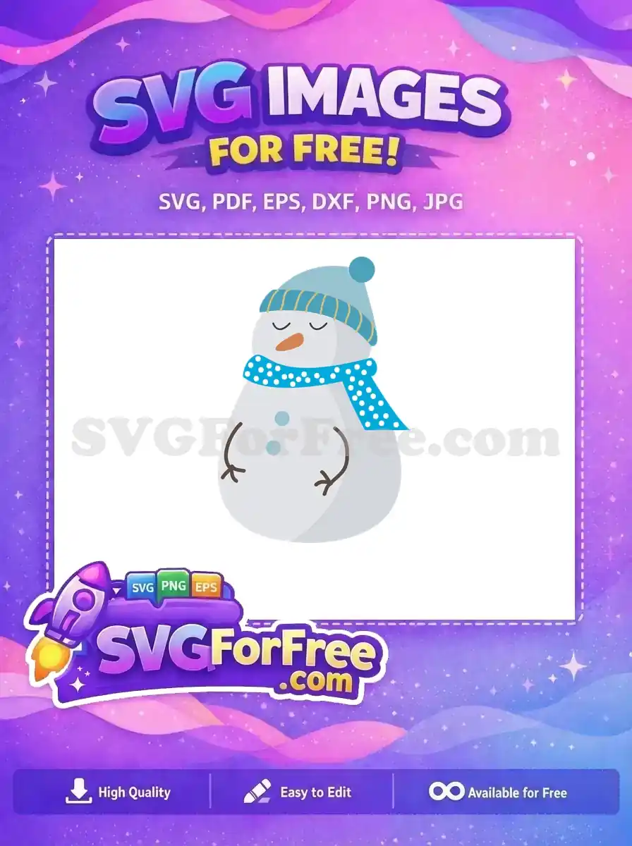 A cute sleepy snowman wearing a blue scarf and hat, ideal for Christmas and winter-themed free SVG designs.