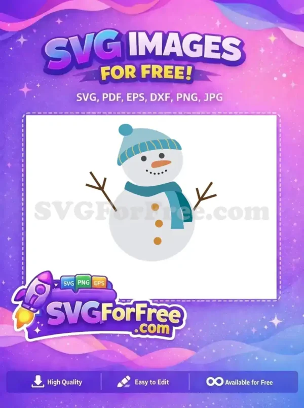 A cute snowman with a blue scarf and hat, offering a festive, winter-themed free SVG design for Christmas crafts.