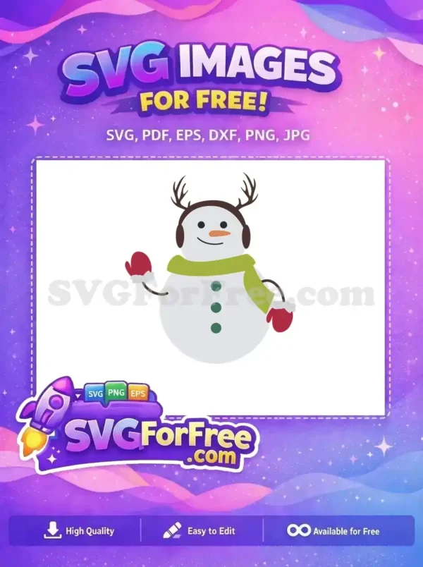 A joyful snowman with antlers, a green scarf, red mittens, and a smiling face, perfect for Christmas designs.