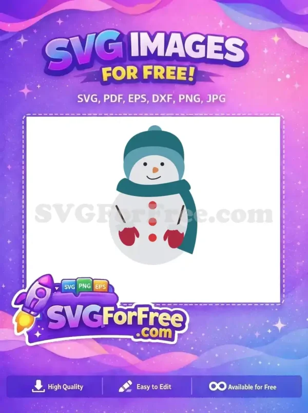 A cheerful smiling snowman with red buttons, blue scarf, and mittens, ready for a winter celebration.