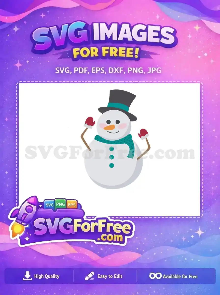 A cute snowman with a top hat, teal scarf, and mittens in this free Christmas-themed SVG design.