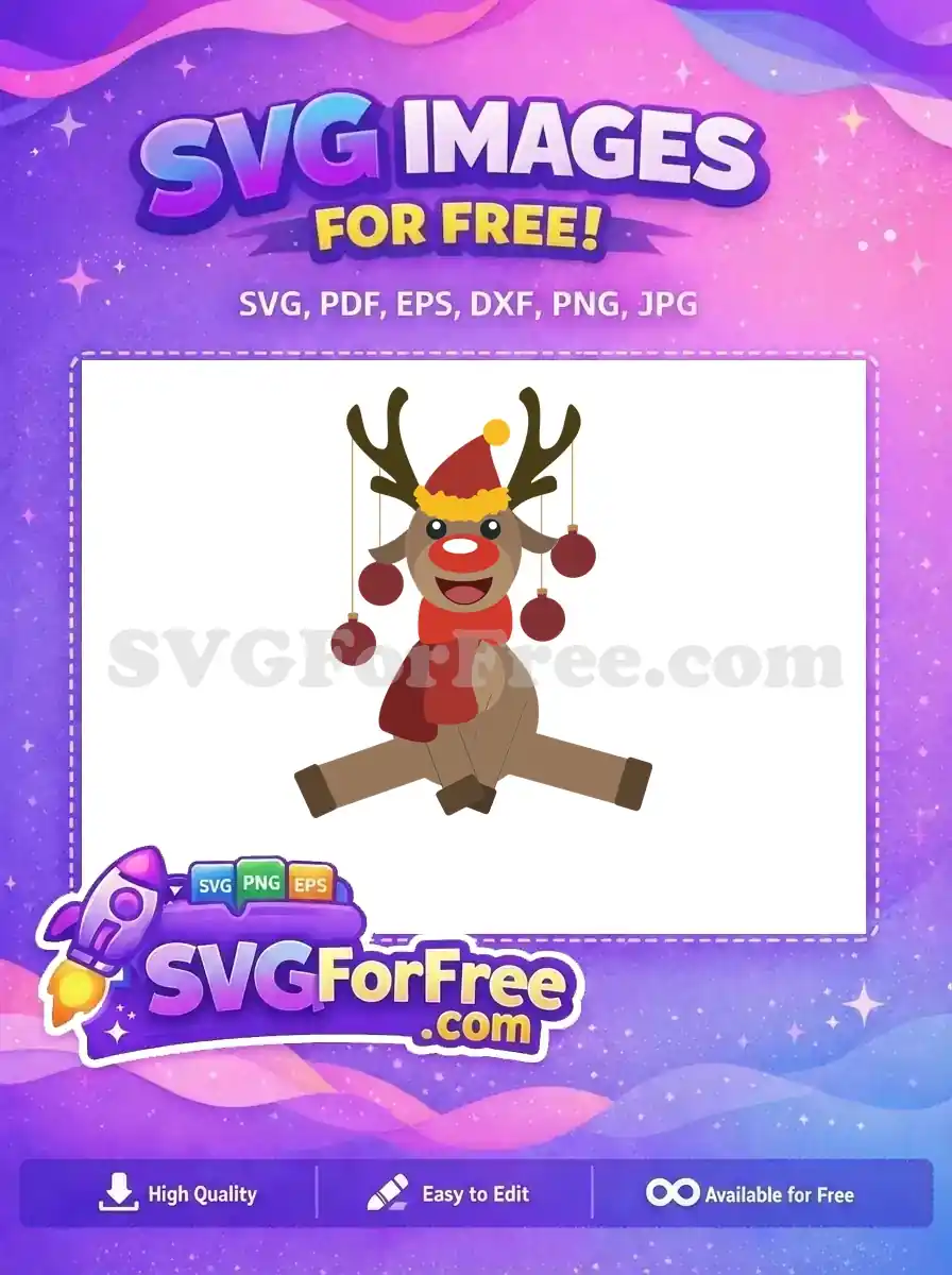 A cute, festive reindeer wearing a red hat and scarf, with ornaments hanging from its antlers, ideal for Christmas designs.