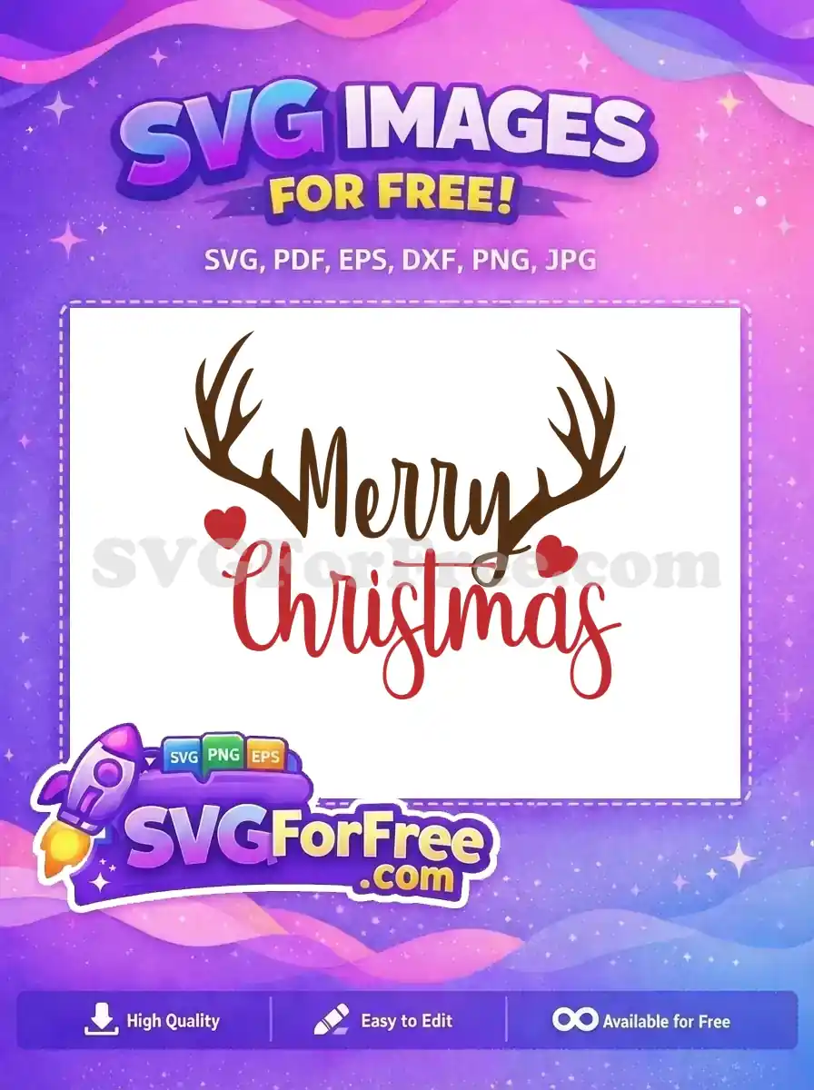 Free Merry Christmas design with brown antlers and red hearts in calligraphy style, perfect for festive crafts.
