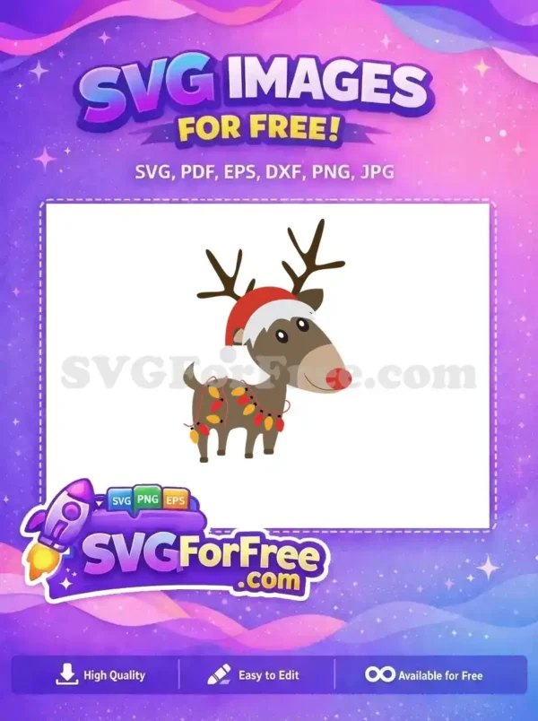 Free Christmas Reindeer Design with Santa Hat and Lights A cheerful reindeer wearing a Santa hat and Christmas lights wrapped around its body in this free festive SVG design.