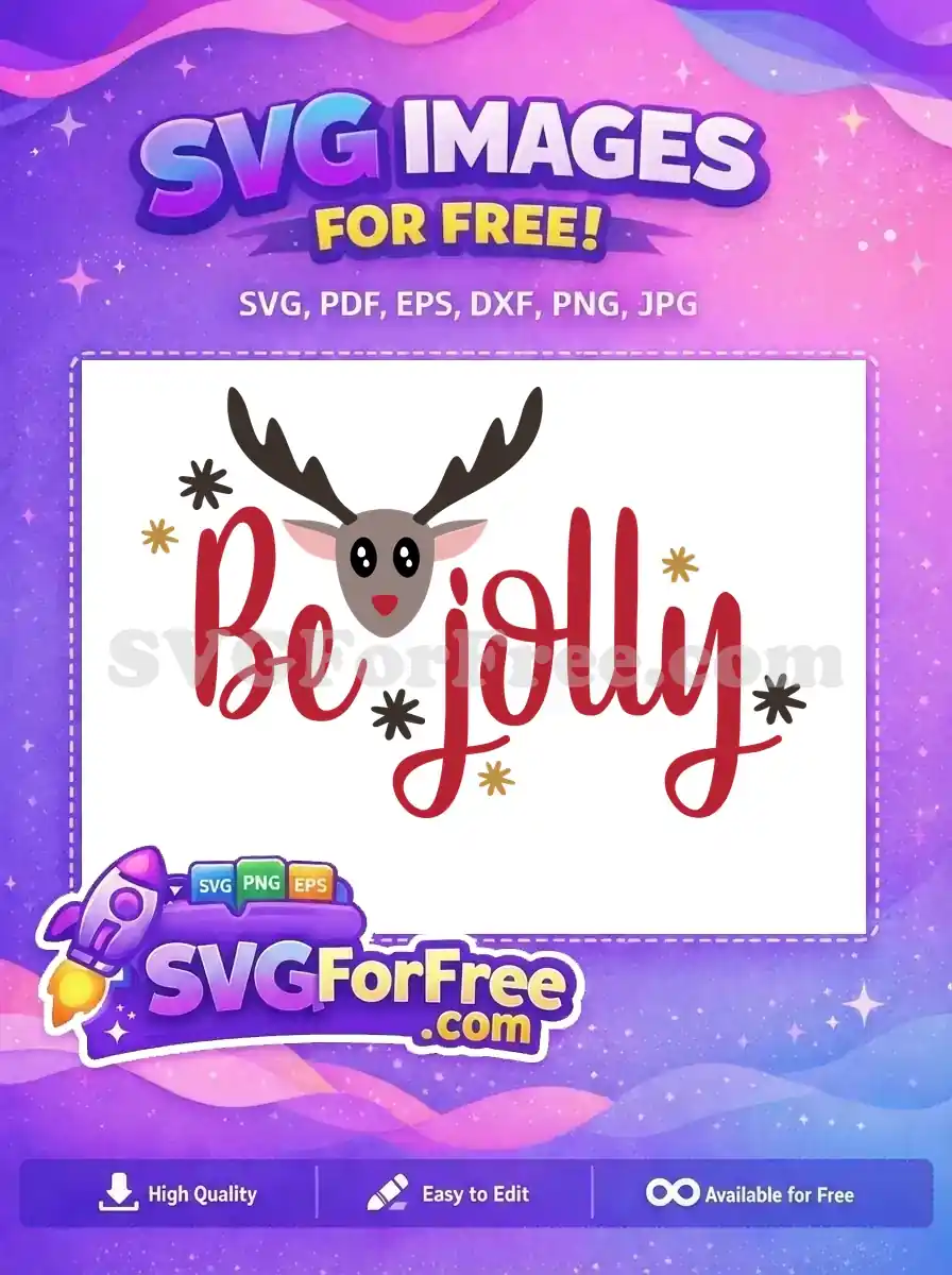 A free cute reindeer design with the text 'Be jolly' in red, accompanied by colorful stars and festive details.
