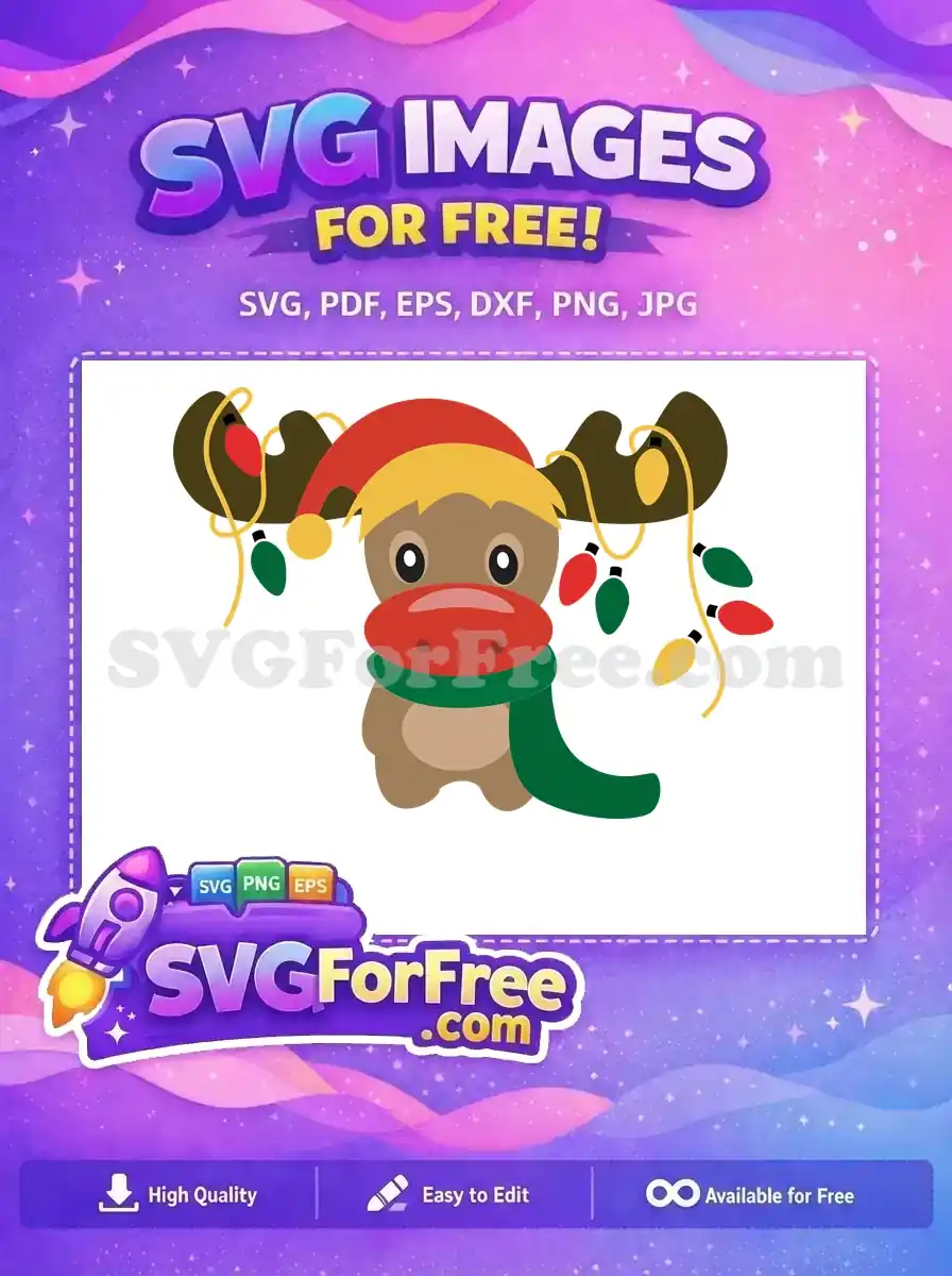 A cute reindeer wearing a red hat and scarf with colorful lights on its antlers, designed for Christmas.