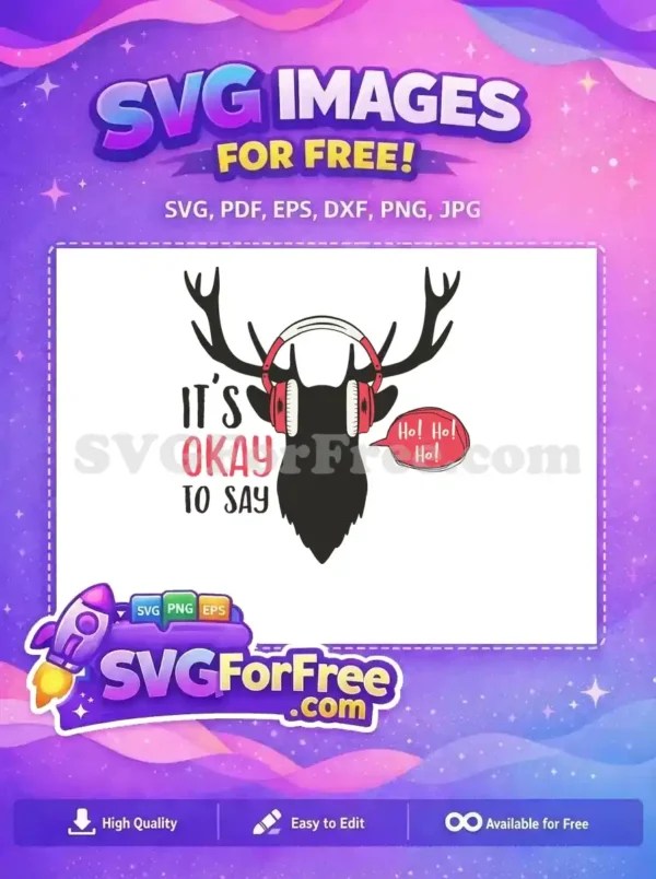 Free SVG design featuring a reindeer wearing red headphones with a 'Ho! Ho! Ho!' speech bubble for Christmas shirts.