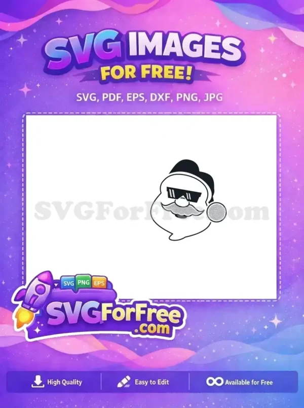 A free SVG design of a Santa with pixelated glasses and a dotted beard, ideal for Christmas-themed T-shirts.
