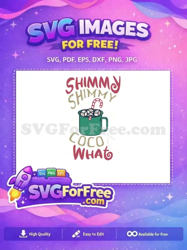 A festive free SVG design featuring a cup of hot cocoa with marshmallows and a candy cane for a Christmas theme.