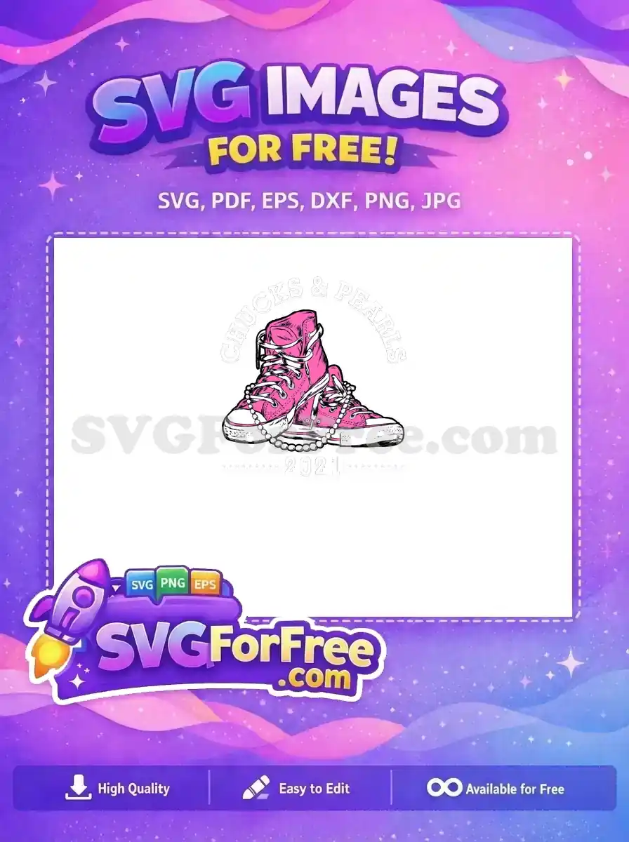 A free SVG design showcasing pink Converse shoes with pearls draped over them, ideal for custom 2021 projects.