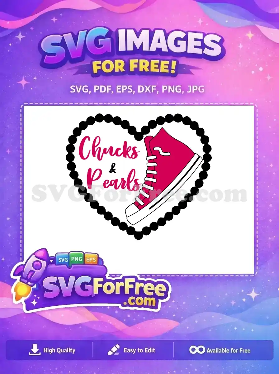 A pink sneaker and pearls design inside a heart, perfect for DIY projects, showcasing a free SVG of Chucks and pearls.