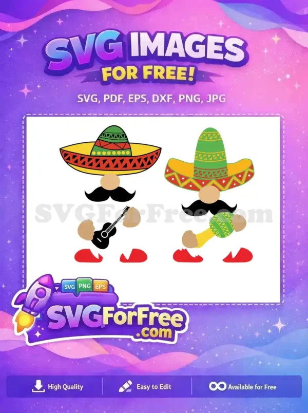 A fun and colorful free SVG design with gnomes wearing sombreros, one holding a guitar and the other maracas.