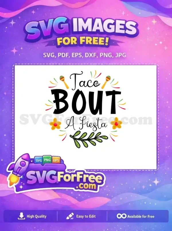A colorful free design showcasing taco fiesta vibes with maracas, flowers, and festive text for a Cinco de Mayo theme.