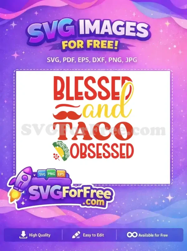 A free SVG design featuring a red mustache and colorful taco, perfect for Cinco de Mayo festivities.