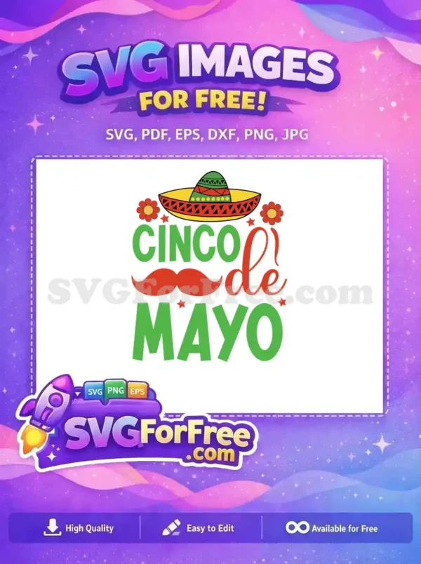 A vibrant Cinco de Mayo design featuring a sombrero, curly mustache, and colorful flowers, all in bright red and green.