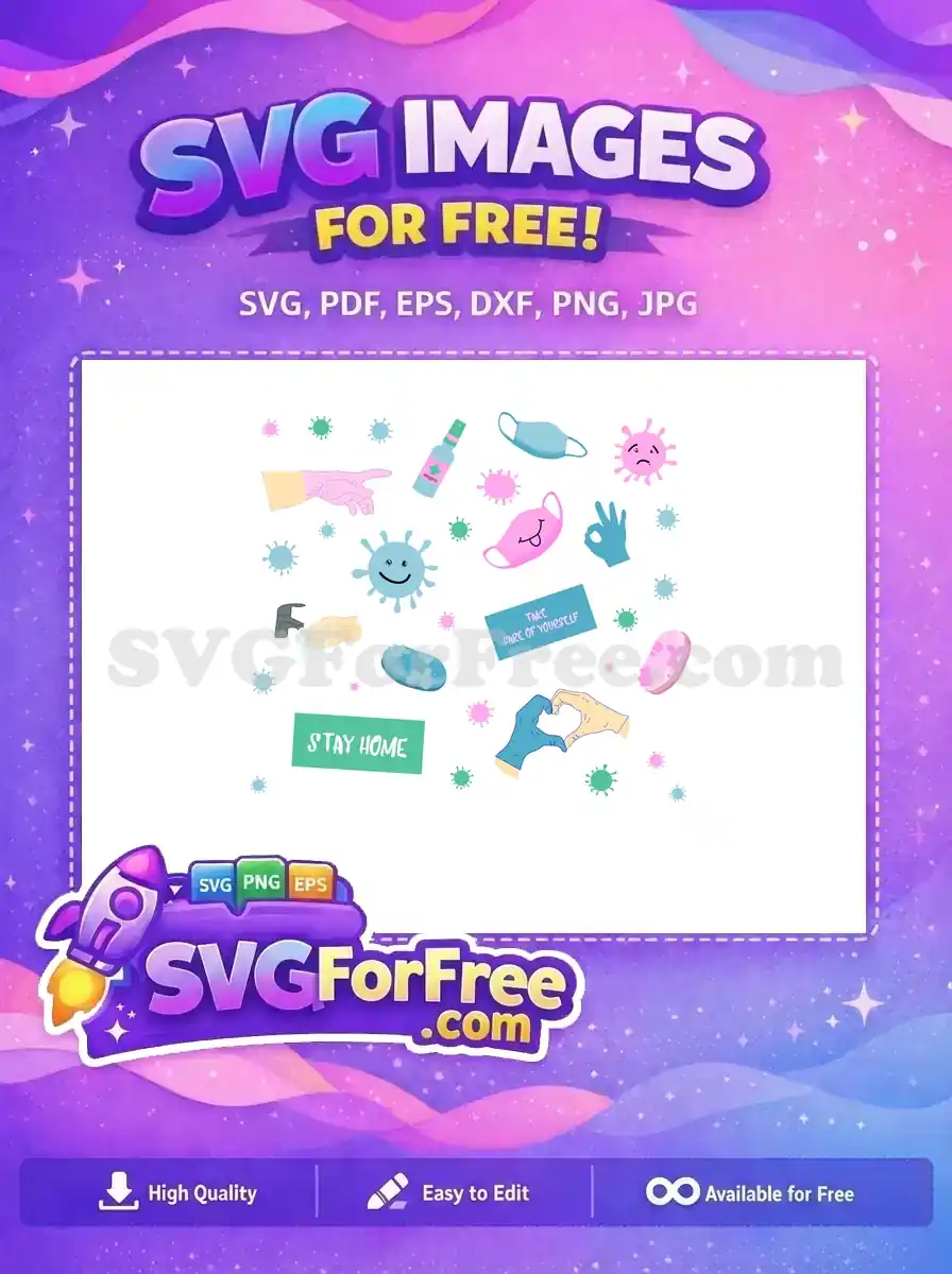 A free design illustrating essential COVID-19 safety measures including masks, handwashing, sanitizer, and positive messages. Ideal for public health campaigns.
