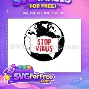 A free distressed black and white globe wearing a white face mask with red 'STOP VIRUS' text. A powerful free design.