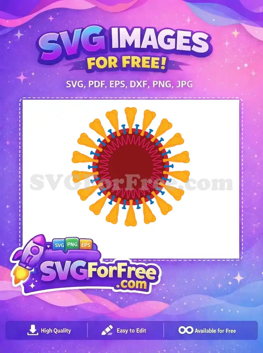 Detailed free SVG of a stylized virus, featuring a red core and numerous yellow protein spikes. Ideal free design resource.