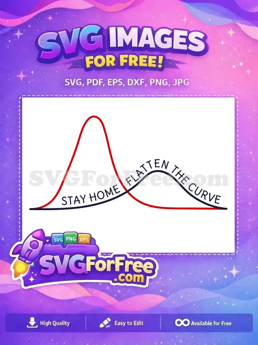 Free design showing a red curve and a flattened blue curve with 'Stay Home Flatten The Curve' text. Essential free SVG.