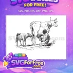 Free Milking Farmer Black Cow Free Calf Watching Rural Farm Free SVG - Instant Download