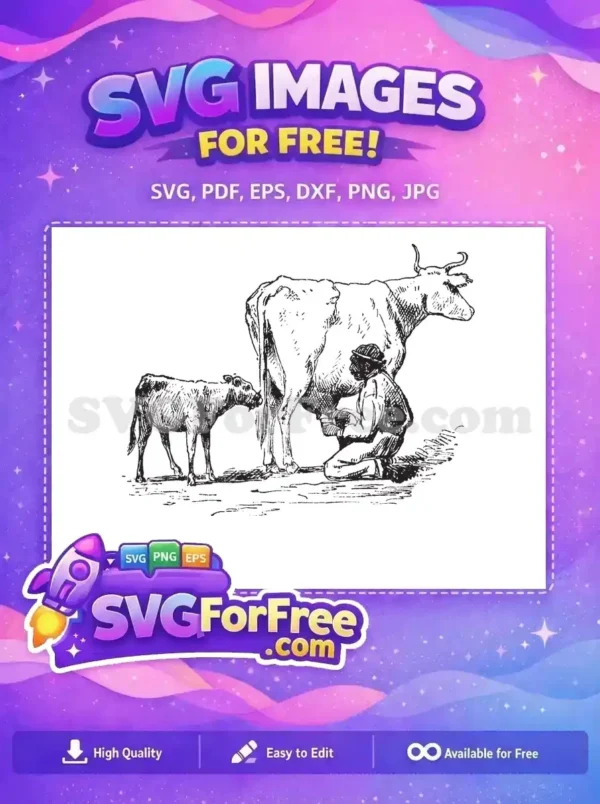 Free Milking Farmer Black Cow Free Calf Watching Rural Farm Free SVG