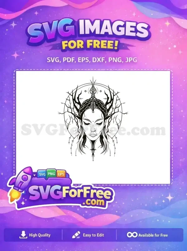 Free Forest Queen Free Intricate Branch Crowned Woman Art Free SVG