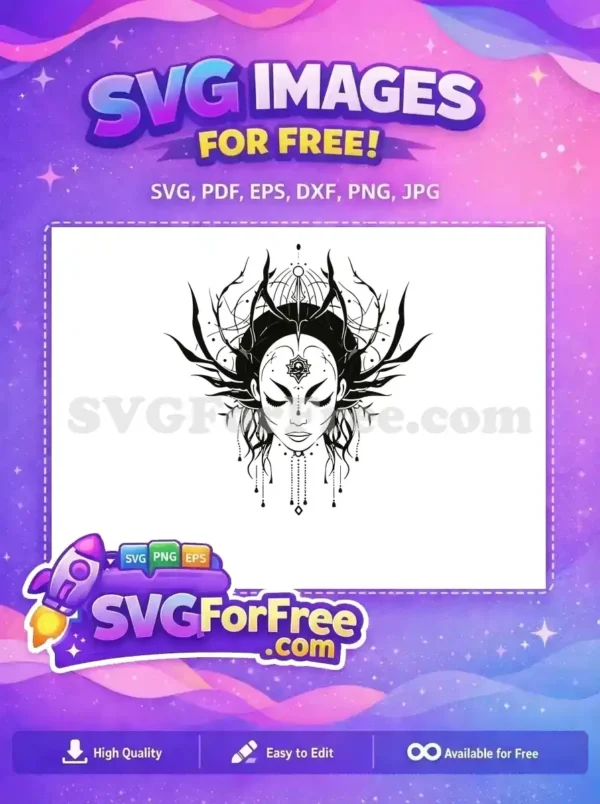 Free Mystical Crowned Woman Free Ornate Boho Goddess Free SVG Free Mystical Crowned Woman Free Ornate Boho Goddess Free SVG