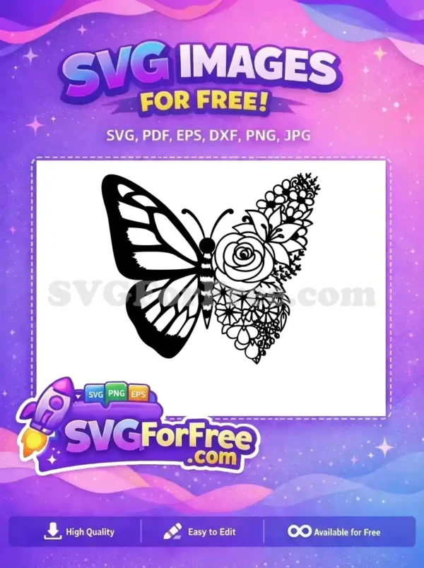 Free Intricate Butterfly Half Free Beautiful Floral Blossom Cute Butterflies Design Free SVG