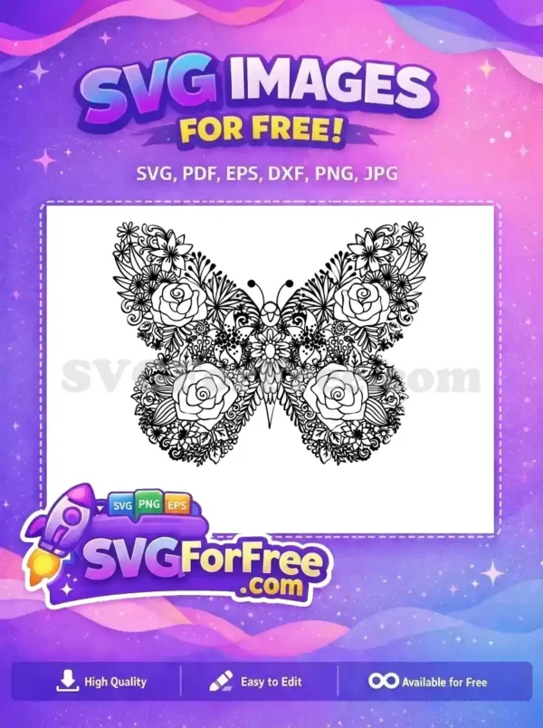 Free Intricate Black Floral Free Rose-Filled Wings Cute Butterflies Free SVG