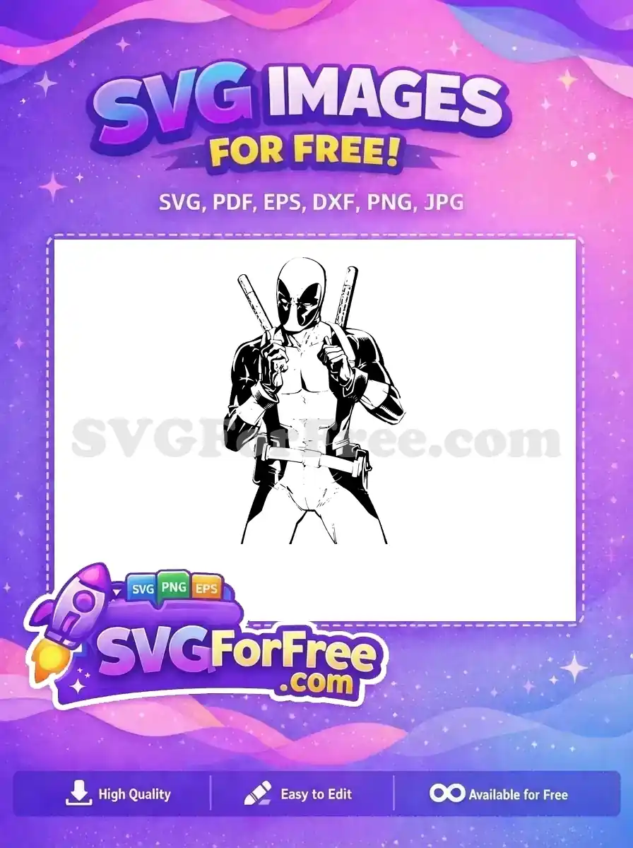 Free Monochrome Outline Free Katanas Dynamic Pose Deadpool Cartoon Free SVG