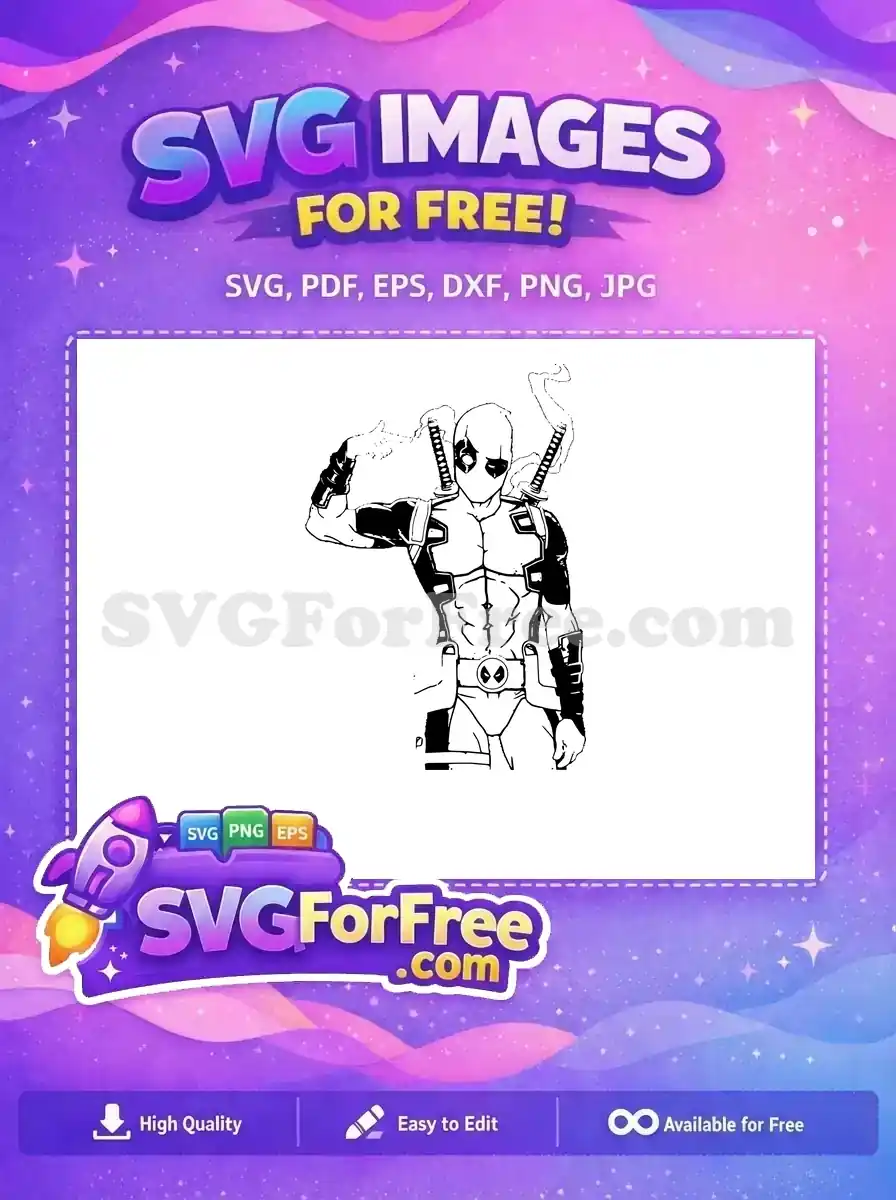 Free black outline dynamic pose Free dual katanas smoking Deadpool Cartoon Free SVG