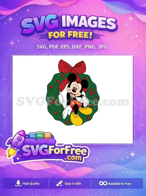 Free Happy Mickey Free Green Wreath Red Bow Disney Christmas Free SVG