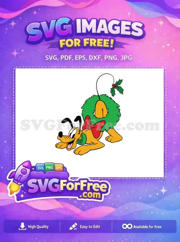 Free Happy Pluto red bow Free green Christmas wreath Disney Free SVG
