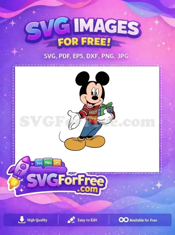 Free Smiling Mickey Christmas Sweater Free Holding Purple Gift Disney Holiday Free SVG