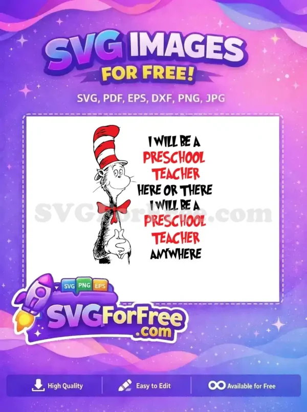 Free Red Striped Hat Cat Free Smiling Teacher Quote Dr Seuss Free SVG