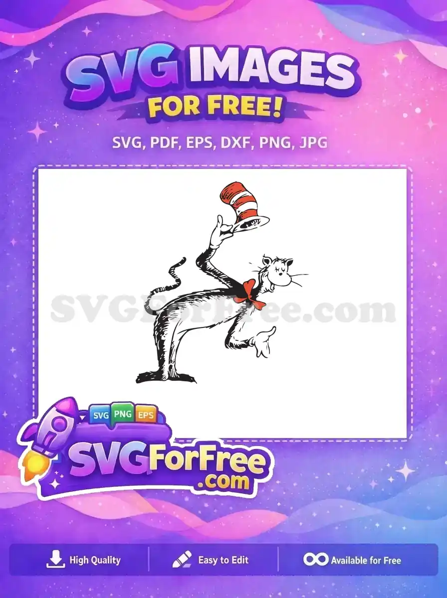 Free Playful Cat with Hat Free Iconic Red Bowtie Dr Seuss Free SVG