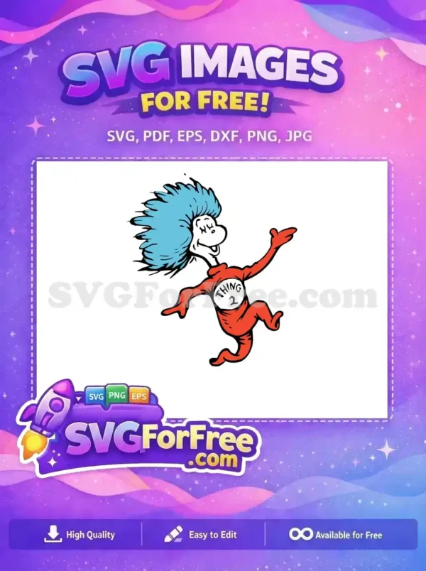 Free Smiling Thing 2 Blue Hair Free Red Jumpsuit Dr Seuss Free SVG