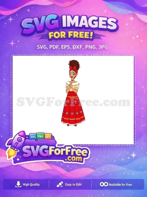 Free Curly Hair Red Bow Free Vibrant Red Floral Skirt Encanto Disney Free SVG