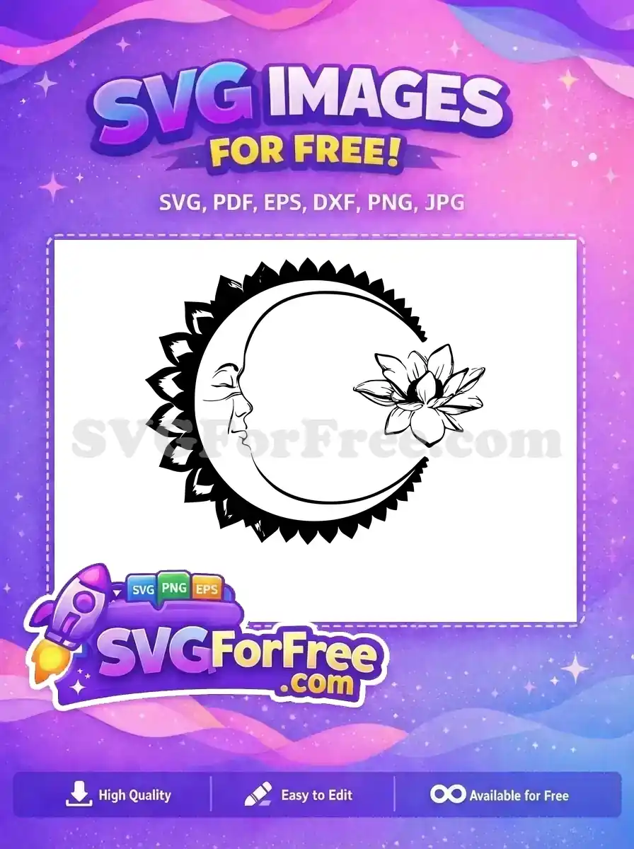 Free Crescent Moon Face Free Lotus Flower Black Free SVG
