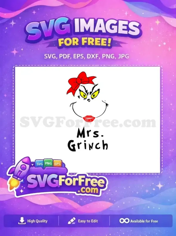 Free Red Bow Yellow Eyes Mrs Grinch Free Christmas Design Free SVG