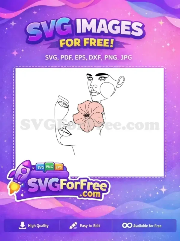 A free line art SVG showcasing two abstract female profiles with a pink flower, emphasizing modern minimalist free design for diverse projects.