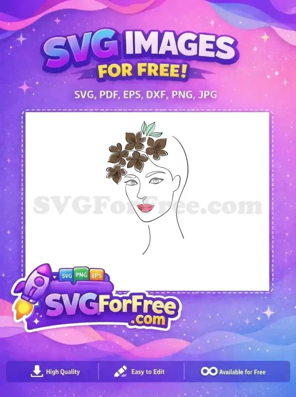 A free minimalist line art SVG of a woman's face adorned with brown flowers and mint leaves, featuring pink lips.