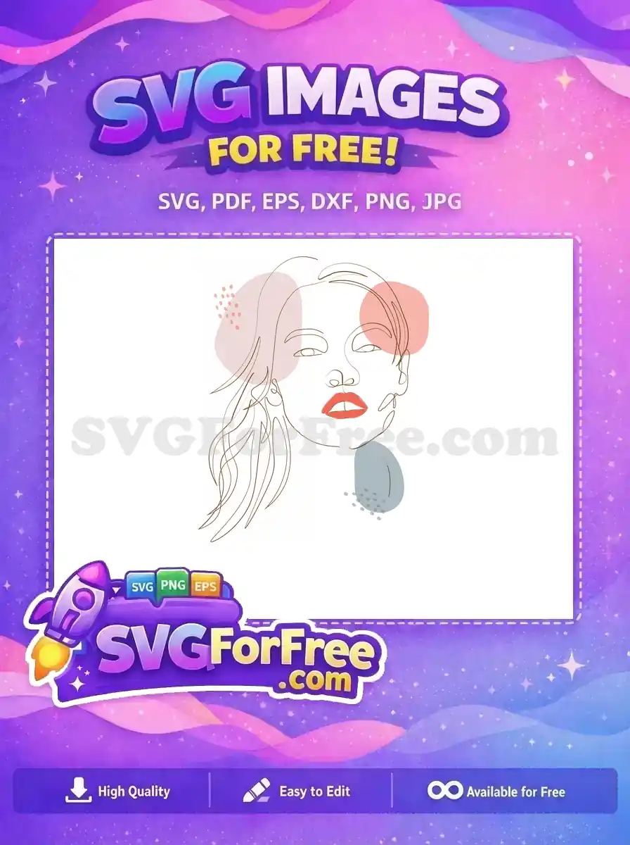 A free abstract line art SVG featuring a woman's face with flowing hair, split background, and colorful shapes. Get this free vector now!