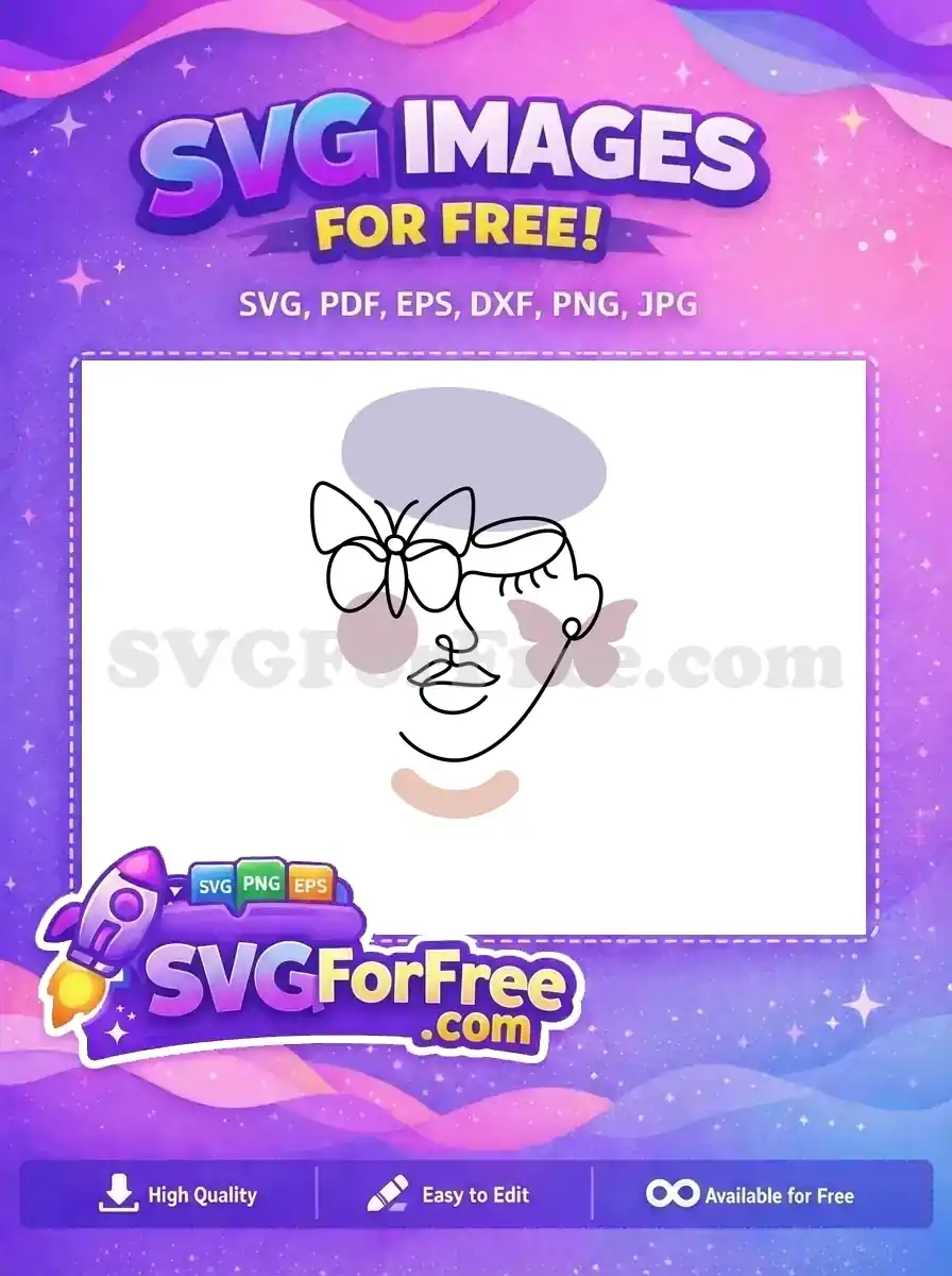 Free line art drawing of a woman's face with closed eyes, two butterflies, and abstract purple and pink shapes. A beautiful free design for creative projects.