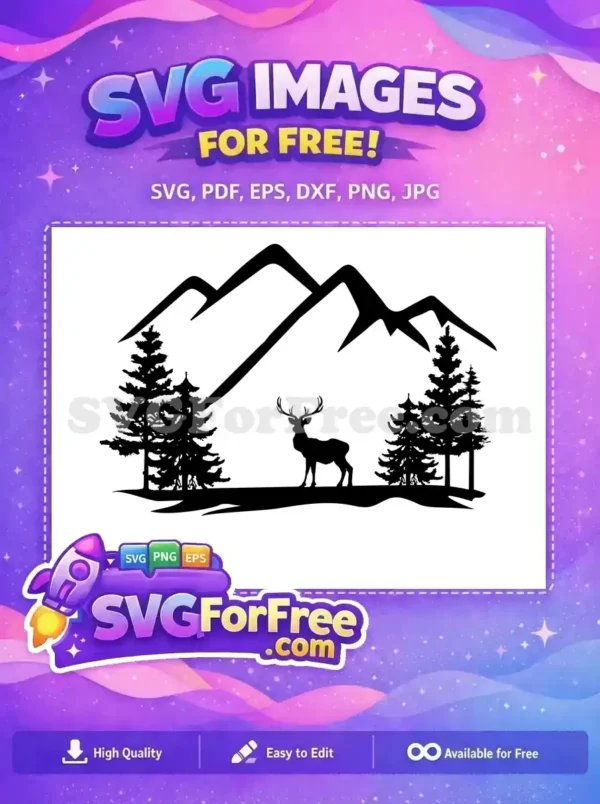 A majestic free deer silhouette stands before towering pine trees and rugged mountains. This free nature design is ideal for crafts.