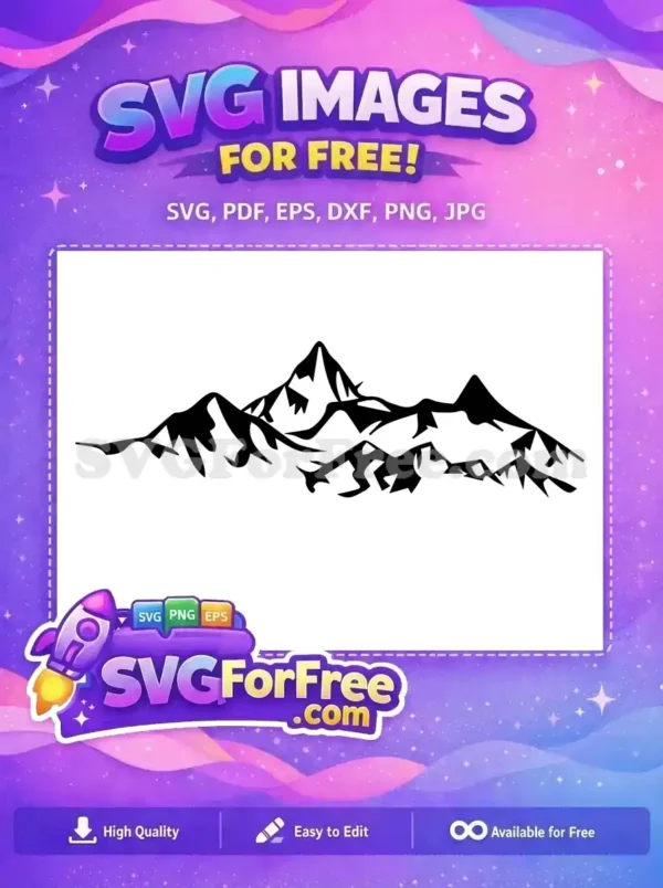A free SVG of a striking black mountain range silhouette, featuring rugged peaks and valleys. This free design is ideal for nature-themed projects.