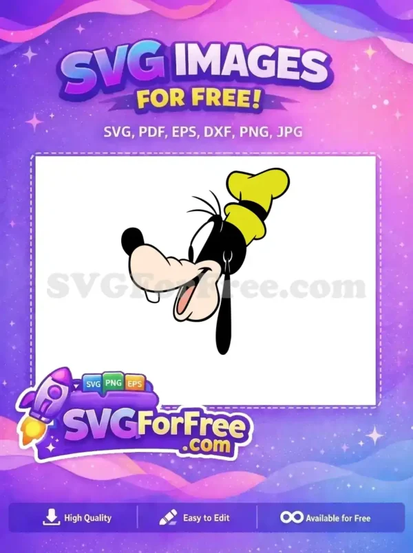 A free design featuring Goofy's head wearing a vibrant yellow chef hat, smiling cheerfully. This free SVG is perfect for crafts.